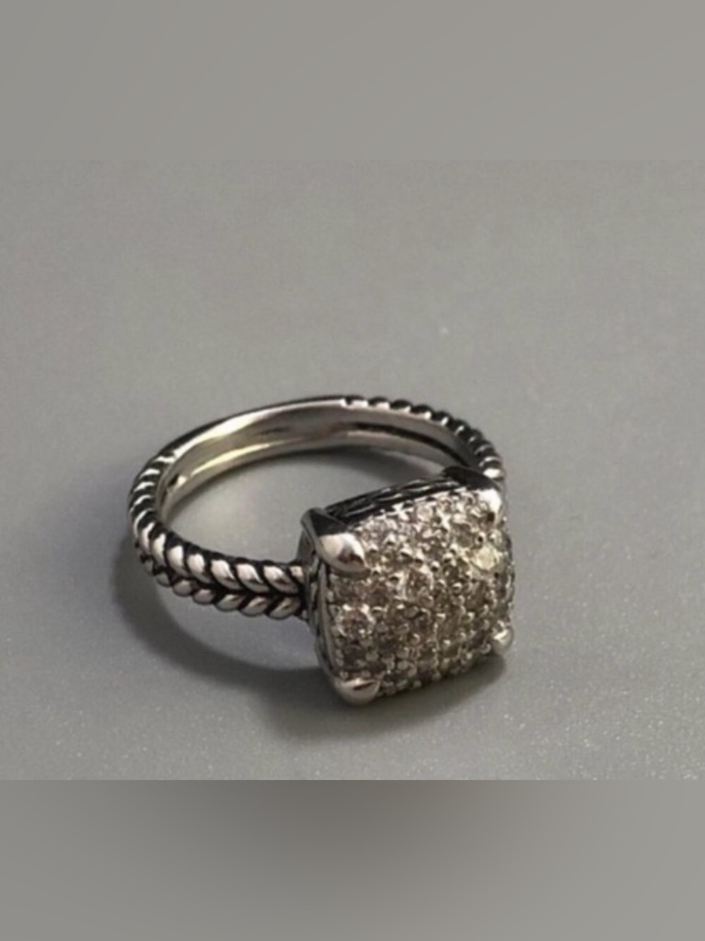 D&Y Silver Tone Braided Band Ring with Pave Square Cluster size 6.5